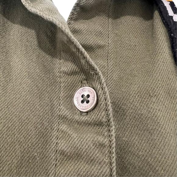 Zara Olive Green Patches Denim Button Down 3/4 Sleeve Shirt Dress sz S Trafaluc - Picture 13 of 13